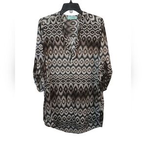 Karlie V-Neck Printed Tunic/Mini Dress, Cream/Brn/Blk, L, EUC!